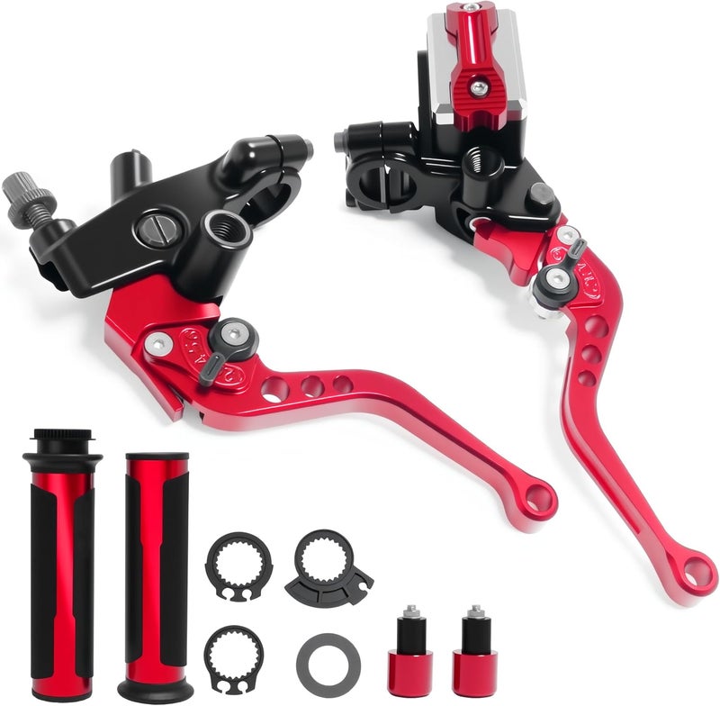 VUOZIP 7/8" 22mm Motorcycle Brake Lever Handlebar Master Cylinder Clutch Levers Left & Right Set + Hand Grips + Handlebar Ends Set for Harley Honda Kawasaki Suzuki Yamaha (Red) - Image 1